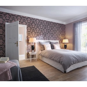 Schlafzimmer mit Rasch Vliestapete Trianon XIII 570649, Ornament Rose-Taupe.