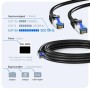 Schwarzes 15m CAT 6a Outdoor Patchkabel, S/FTP, mit blauen RJ45 Steckern und PVC+PE Mantel.