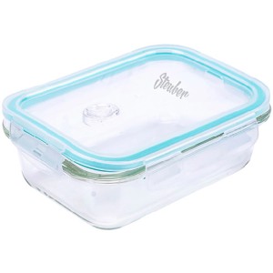 Rechteckige Steuber Glas-Frischhaltedose, 620 ml, mit transparentem Deckel und blaugrünem Rand.