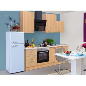 Flex-Well Küchenzeile Classic Nano 220 cm in Buche Nachbildung mit E-Geräten.