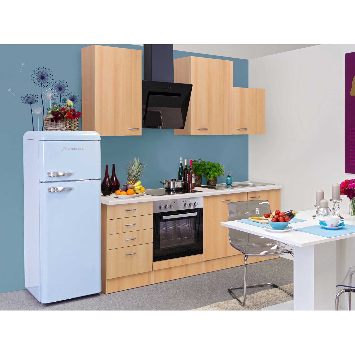 Flex-Well Classic Küchenzeile/Küchenblock Nano 220 cm Buche Nachbildung