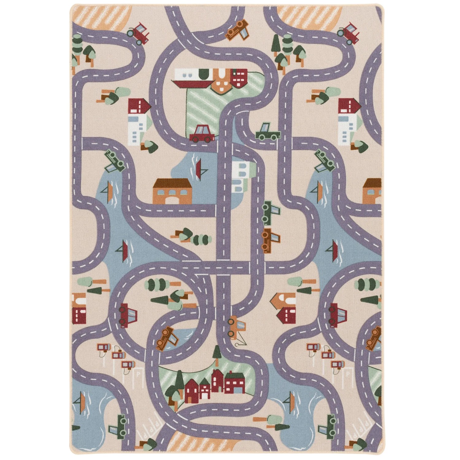 Beiger Kinder Straßenteppich (140x200cm) mit Straßen, Häusern und Autos.
