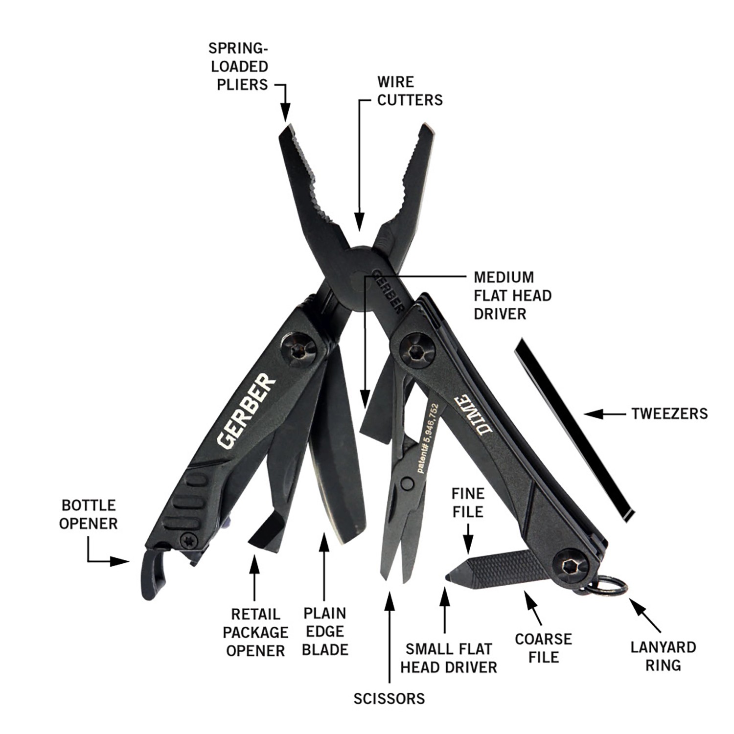 Gerber Multi-Tool Dime mit 12 Werkzeugen, geöffnet. Kompaktes Multitool für Schlüsselbund.