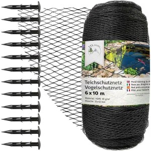 Anthrazitfarbenes Teichschutznetz 6x10m mit Heringen, schützt vor Laub und Vögel.