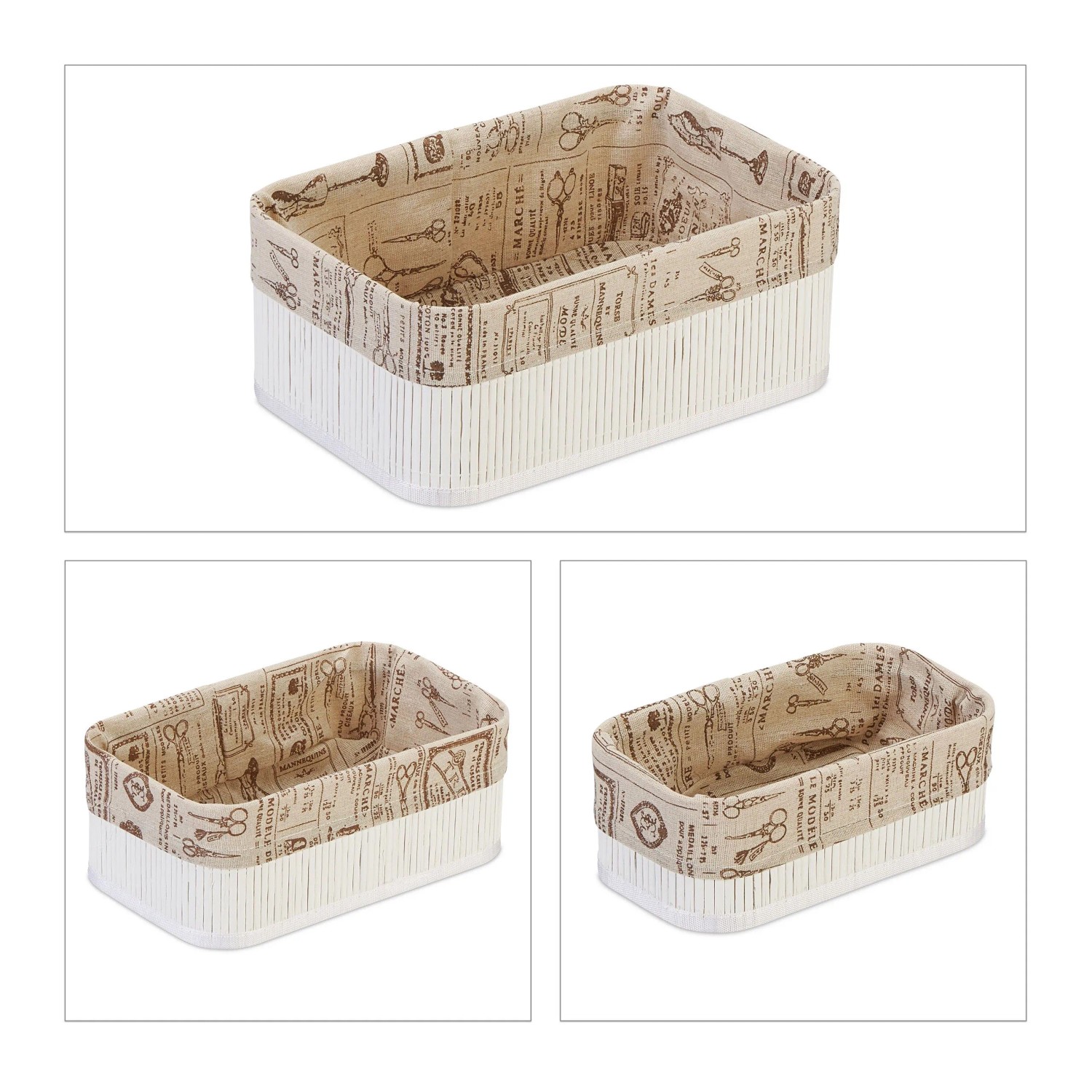 Relaxdays Aufbewahrungskörbe Bambus Weiß Beige 3er Set 30 cm x 20 cm x 12 cm