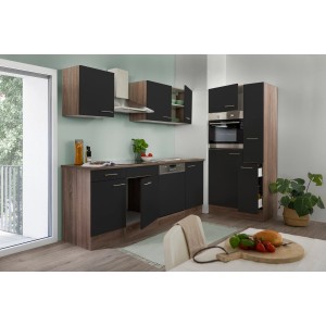 Respekta Küchenzeile KB310EYS, 310 cm, Schwarz Seidenglanz/Eiche York Nachbildung, mit E-Geräten.