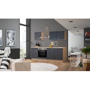 Flex-Well Küchenzeile Morena, 210 cm, Basaltgrau/San Remo Eiche: Einbauküche mit E-Geräten und viel Stauraum.