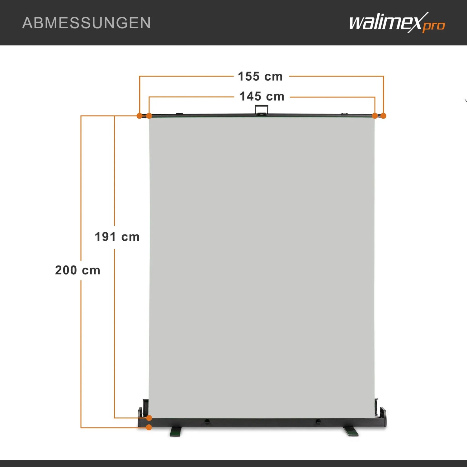 Walimex Pro Roll-Up Panel Hintergrund grau 155x200 cm, mit eingezeichneten Abmessungen für Fotostudio.