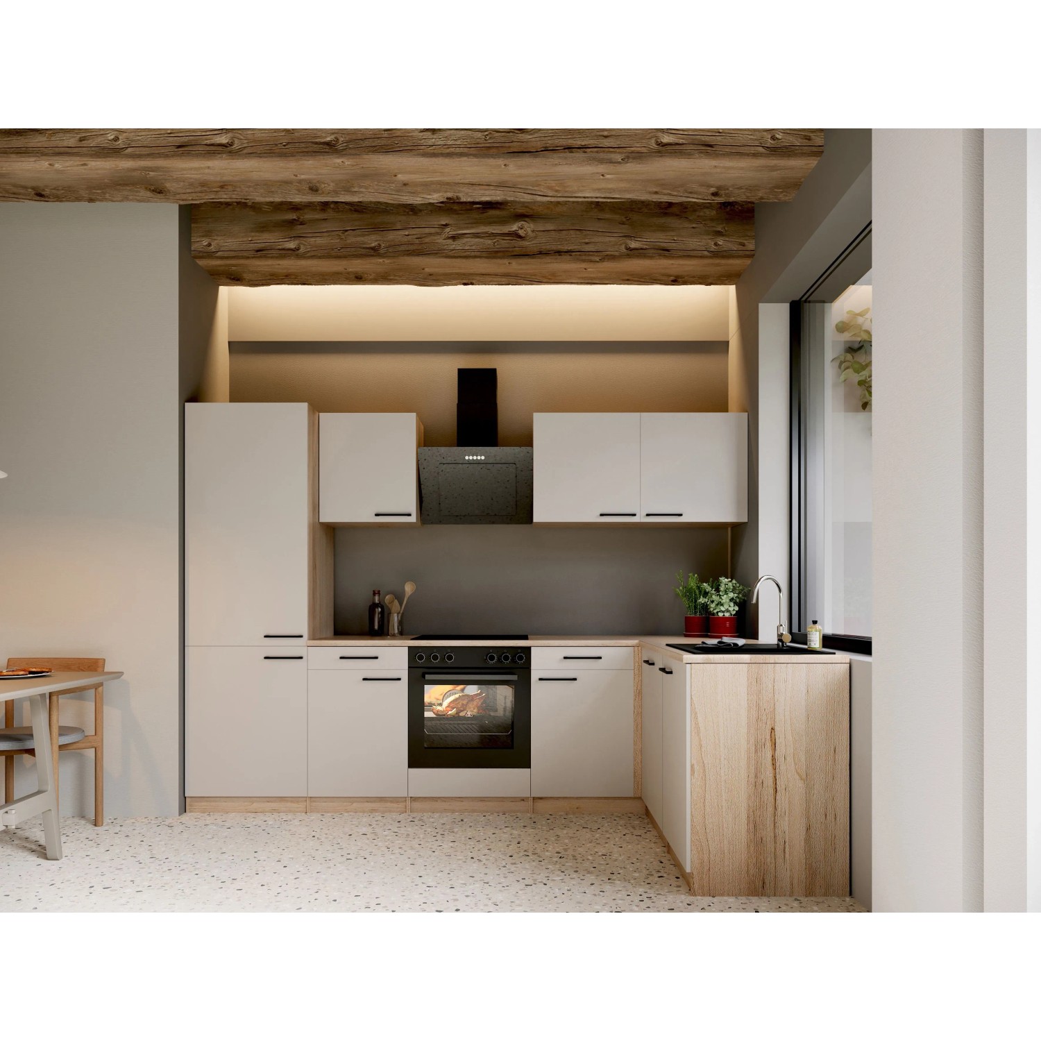 Respekta Merle L-Küche 280 cm Kaschmir mit Kühlschrank