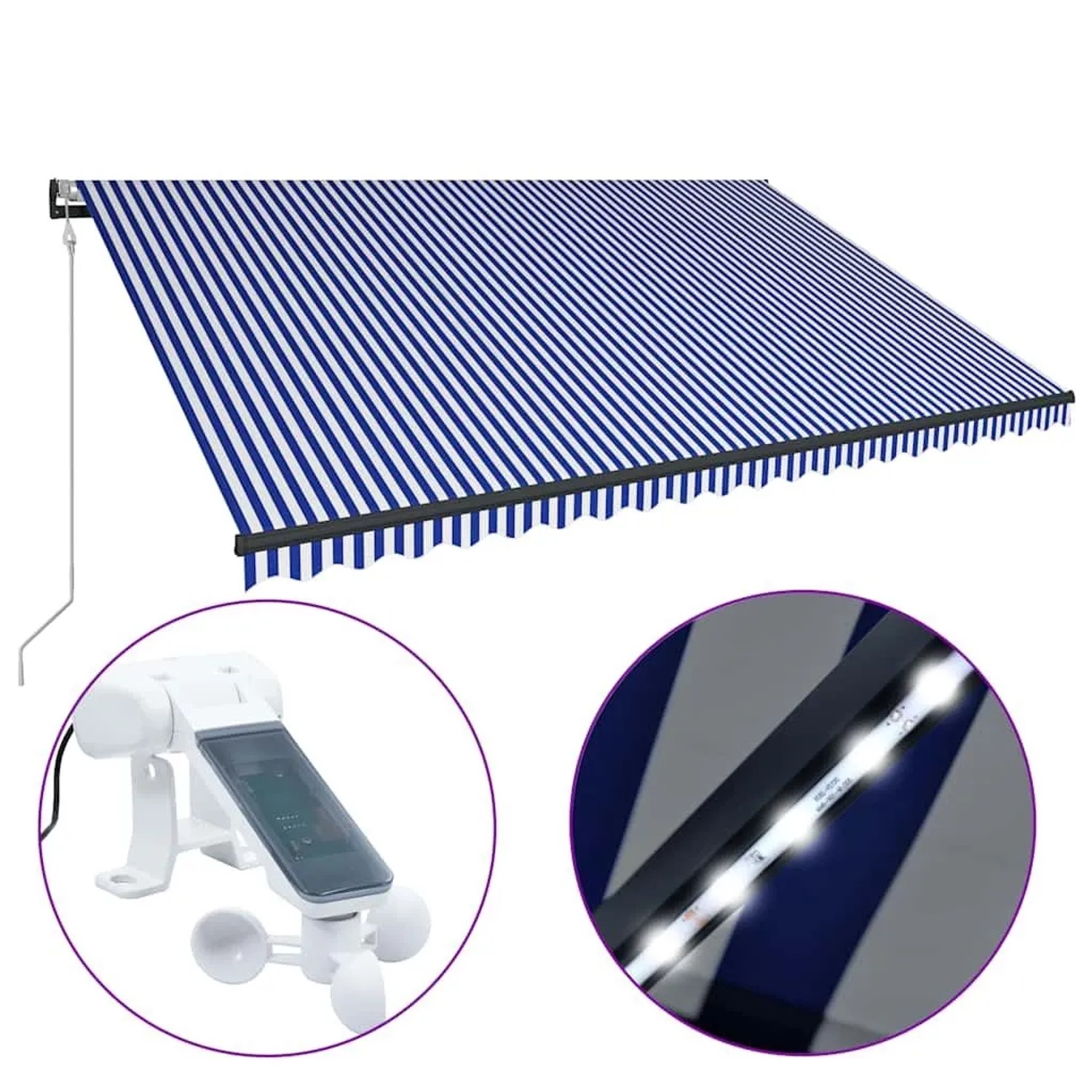vidaXL Markise mit Windsensor & LED 500x300cm Blau und Weiß 3051283
