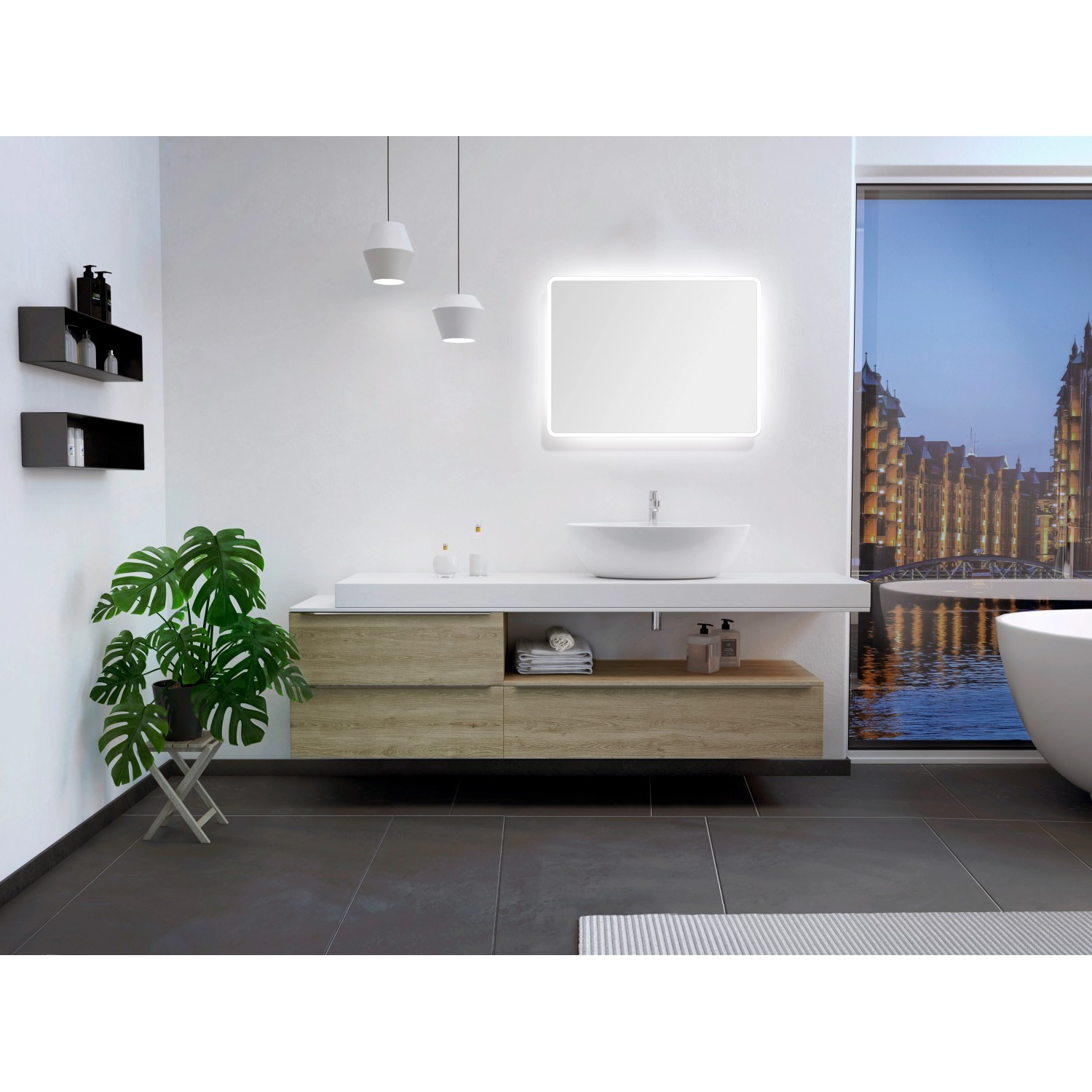 LED-Lichtspiegel Silver Rio, 80x60 cm, mit umlaufender Beleuchtung im modernen Badezimmer.