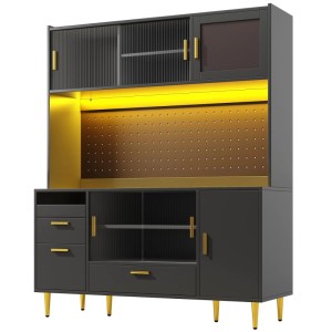 Schwarzer Merax Buffetschrank 180cm mit LED-Beleuchtung, Glas-Schiebetüren, Schubladen, goldfarbenen Griffen und Lochwand.