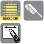 Symbole für blickdichtes Gardinia Plissee, Reinigung und Kürzbarkeit.