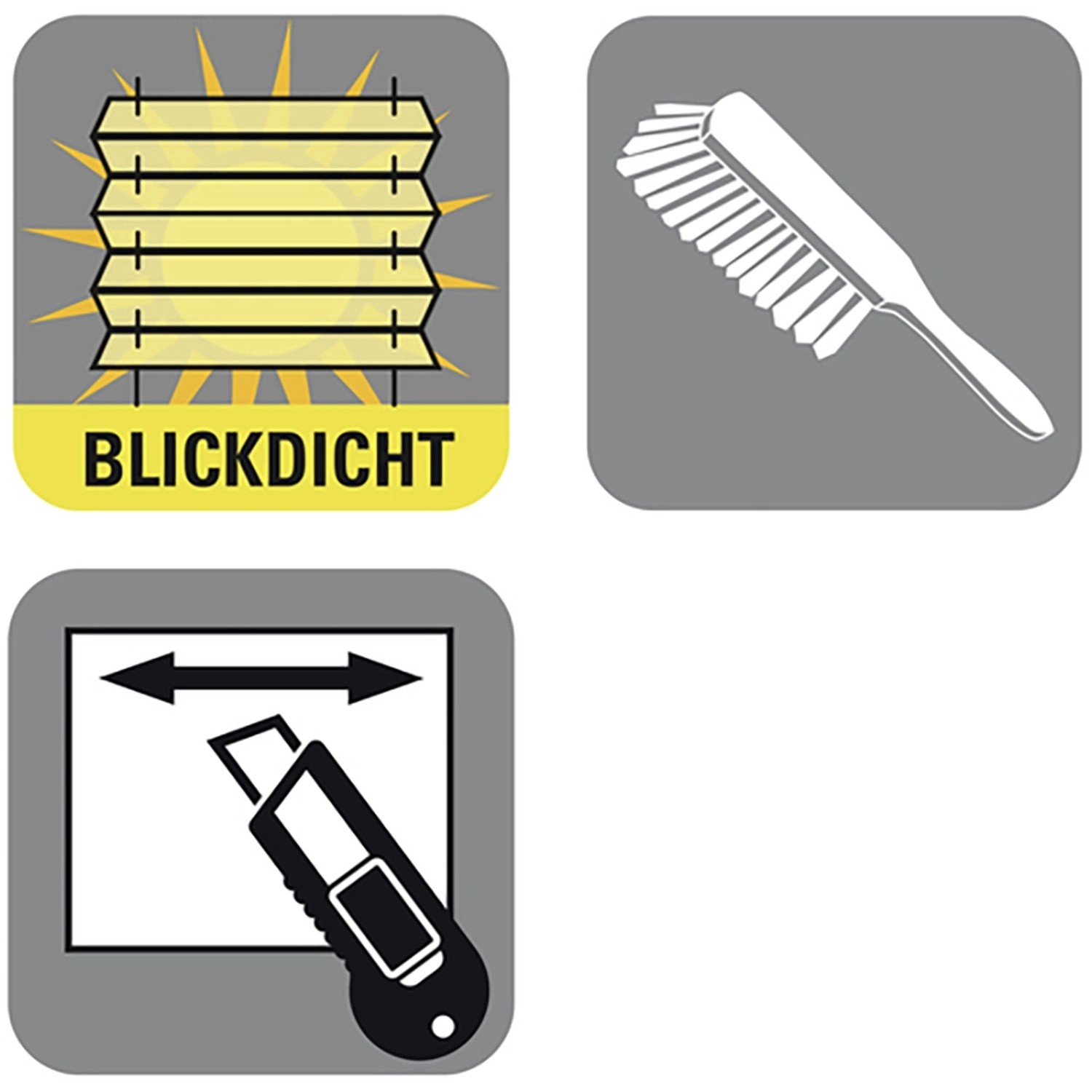 Symbole für blickdichtes Gardinia Plissee, Reinigung und Kürzbarkeit.