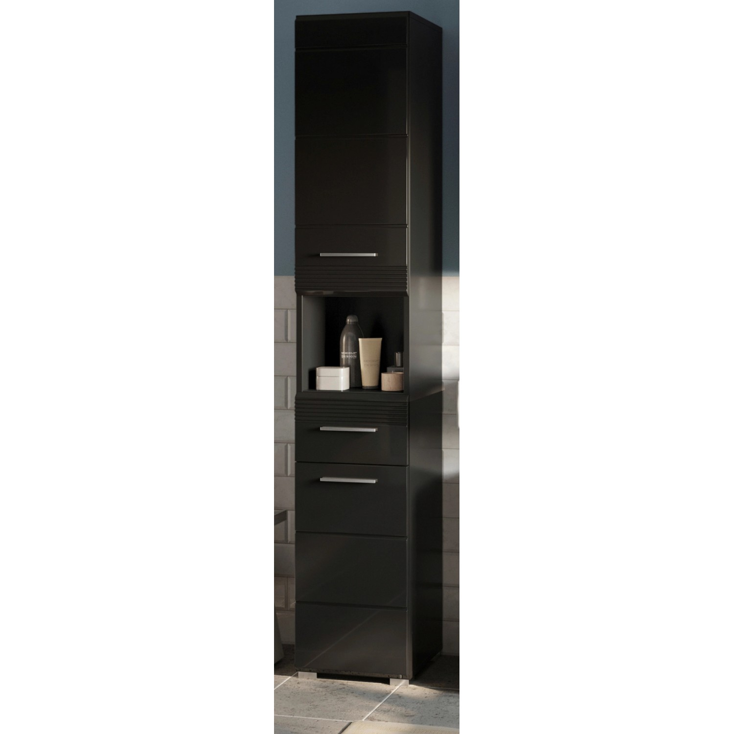 Inn.Furn Hochschrank in Schwarz Hochglanz 30 cm mit 6 Fächern Leon günstig online kaufen