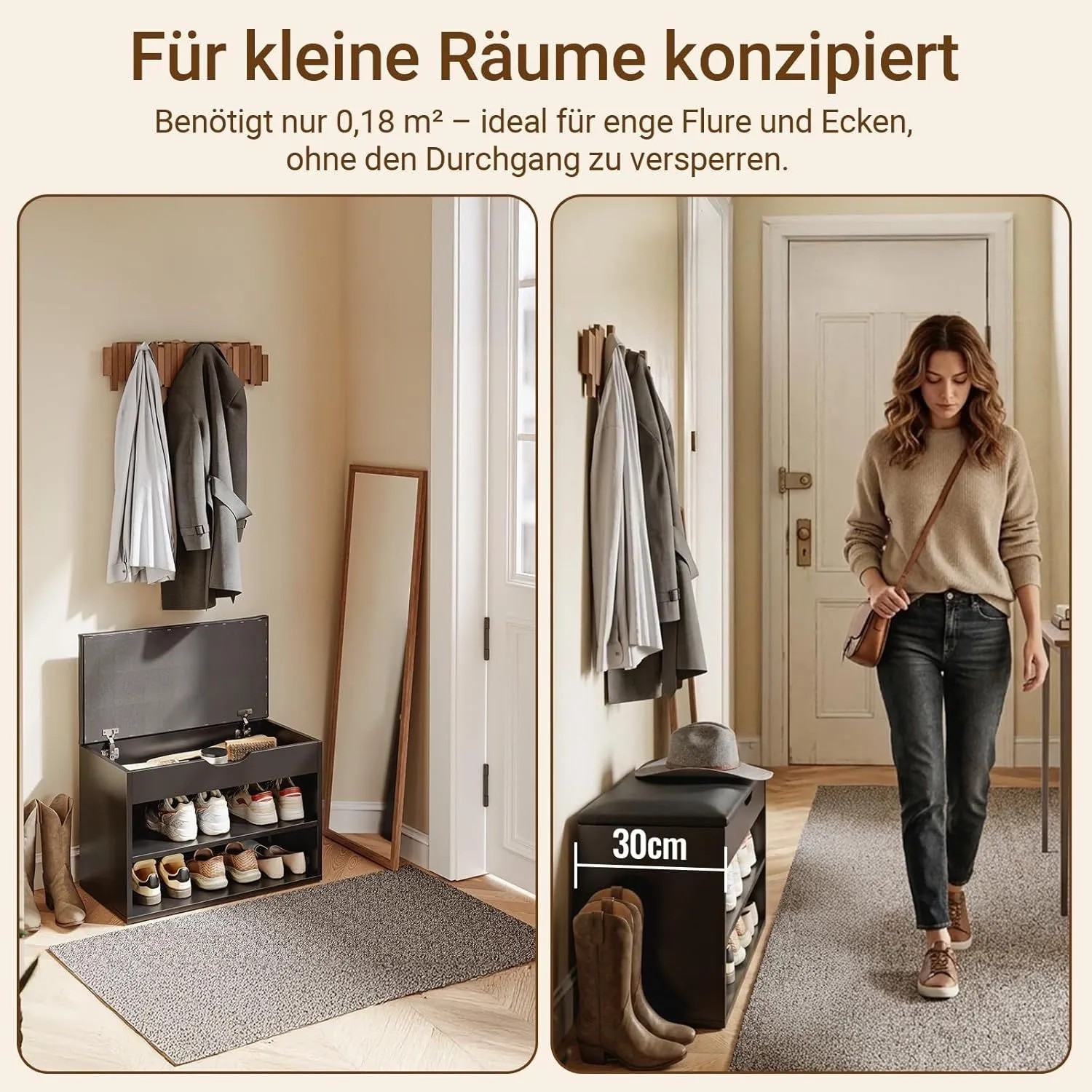 Schwarze SoBuy Schuhbank mit gepolsterter Sitzfläche, offenem Schuhregal und Stauraum im Flur. Kompakt für kleine Räume.