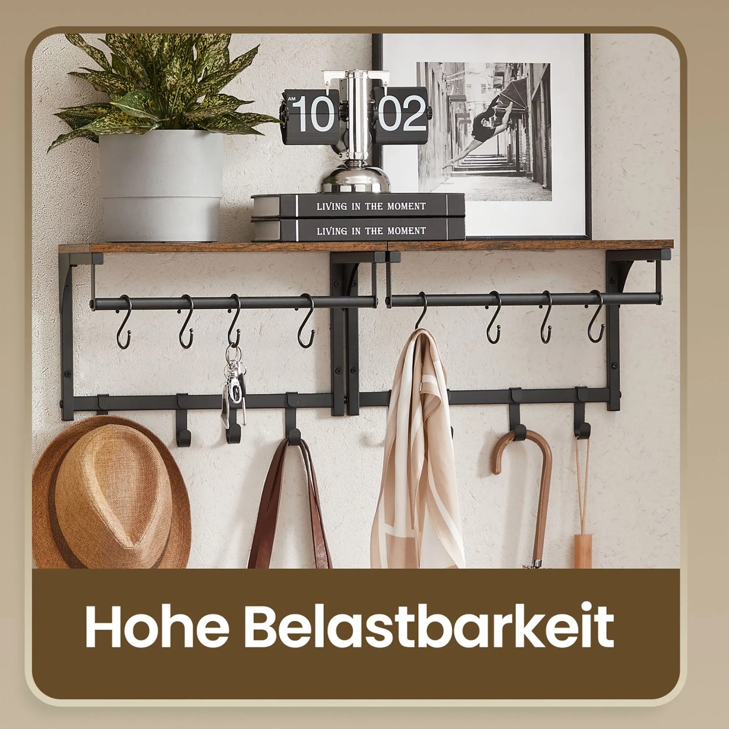Songmics Wandgarderobe Barnet-old mit Ablage und 8 Haken in Braun-Schwarz.