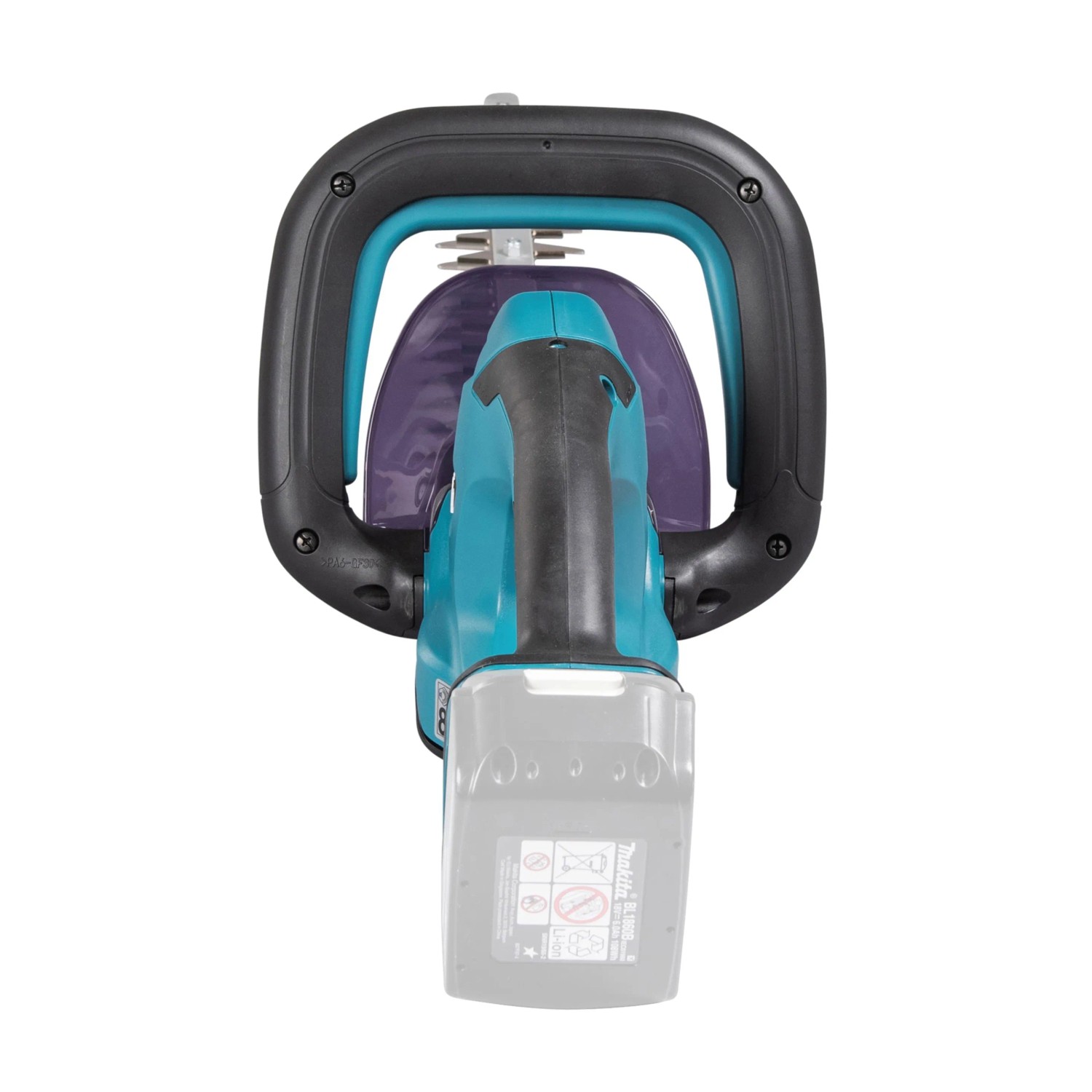 Makita Akku-Heckenschere, blau-schwarz, mit großem Griffbügel. Heckenschere für den Gartenschnitt.