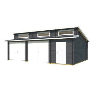 Lasita Garage Hawaii Set, carbongrau, mit zwei Schwingtoren und Eingangstür. Holzgarage.