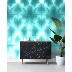 ESTAhome Fototapete mit türkisfarbenem Tie-Dye Shibori Muster, 100x279 cm.