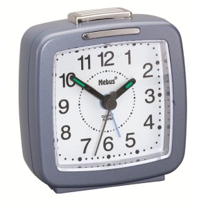 Analoger Quarz-Wecker von Mebus in Silber-Blau mit gut lesbarem Ziffernblatt.