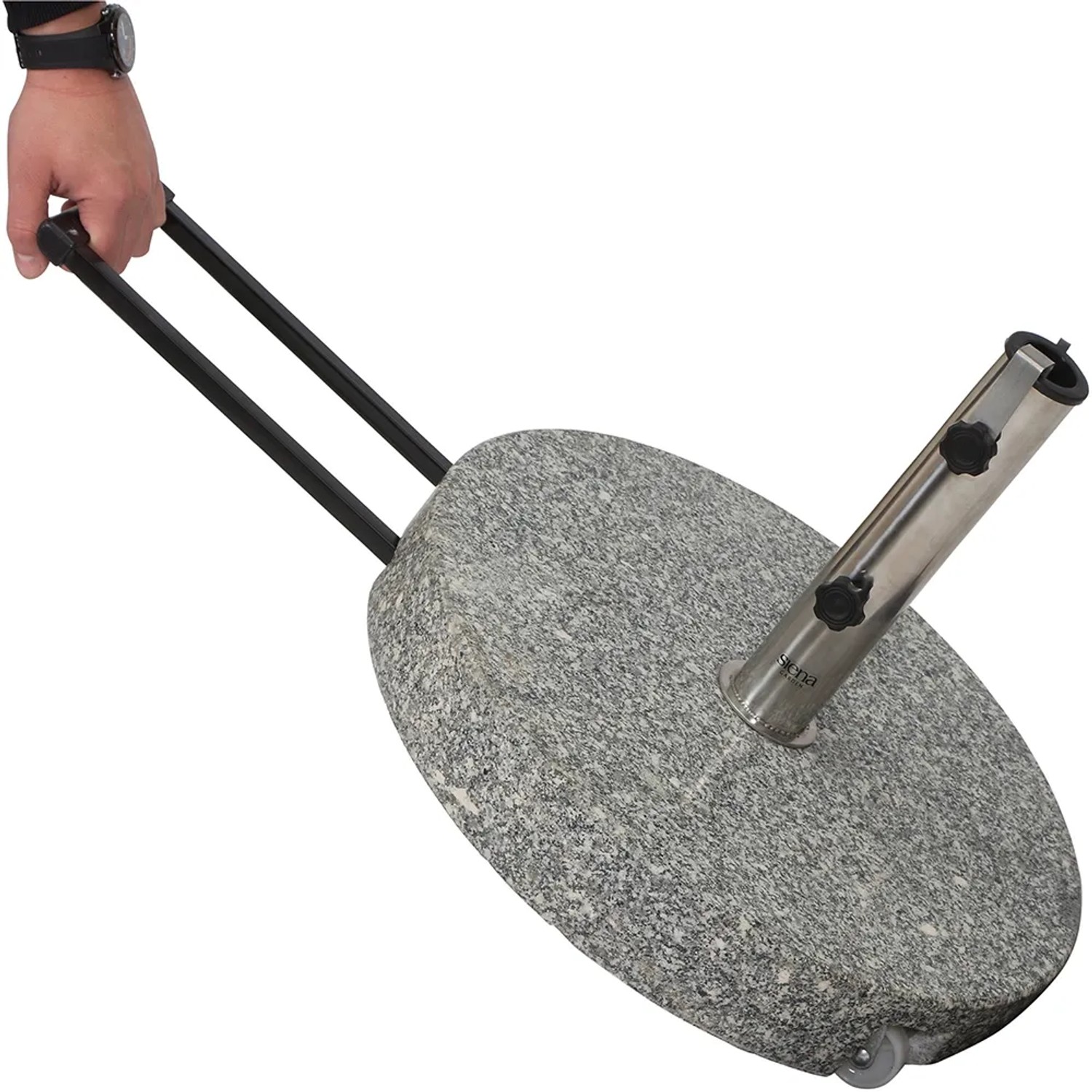 Grauer Siena Garden Schirmständer aus Granit, 40 kg, mit Edelstahlrohr und Griff.