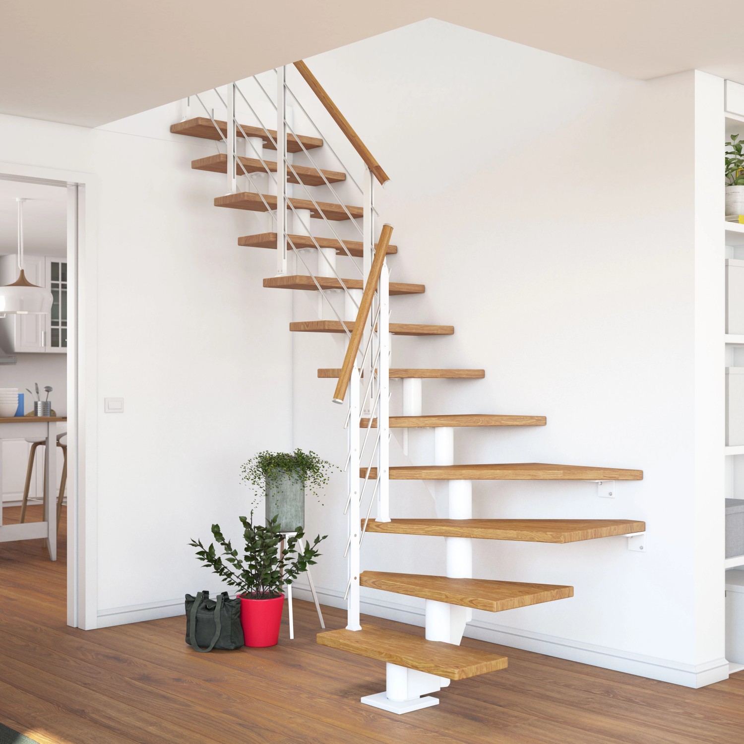Dolle Mittelholmtreppe Hamburg Eiche, 1/4 gewendelt, mit weißem Geländer im Wohnraum.