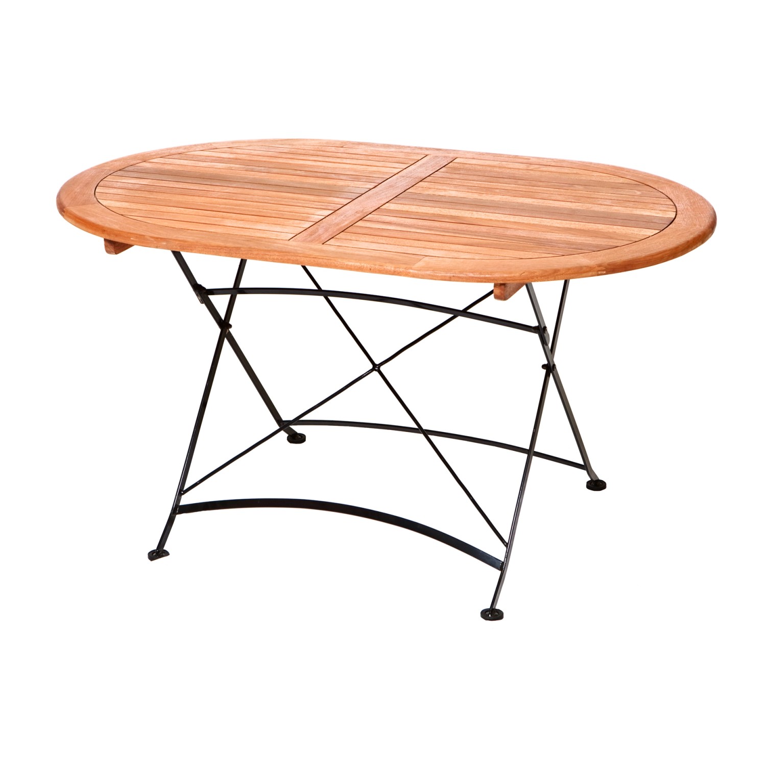 Tisch des Merxx Gartenmöbel-Sets Schlossgarten, oval, Eukalyptusholz, schwarzes Metallgestell.