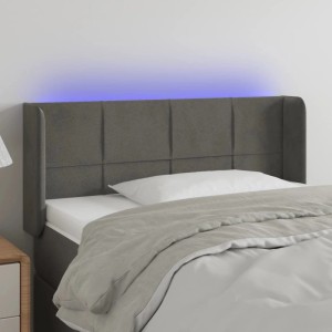 Dunkelgraues Samt LED Kopfteil mit Steppung und blauer Beleuchtung, passend für Betten im Schlafzimmer.