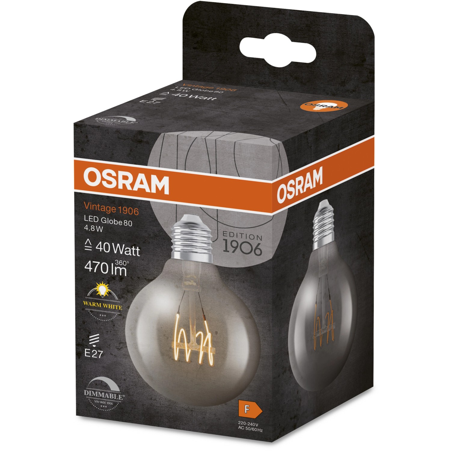 Osram LED-Leuchtmittel E27 Globeform, 4,8W, Vintage-Design in Produktverpackung.