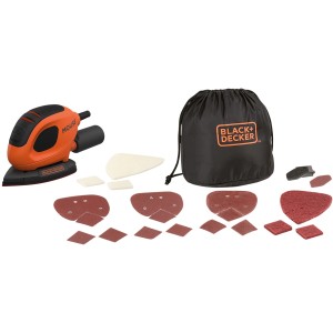 Black+Decker Mouse Dreieckschleifer BEW230BCA mit Zubehör und Schleifpapier-Set.