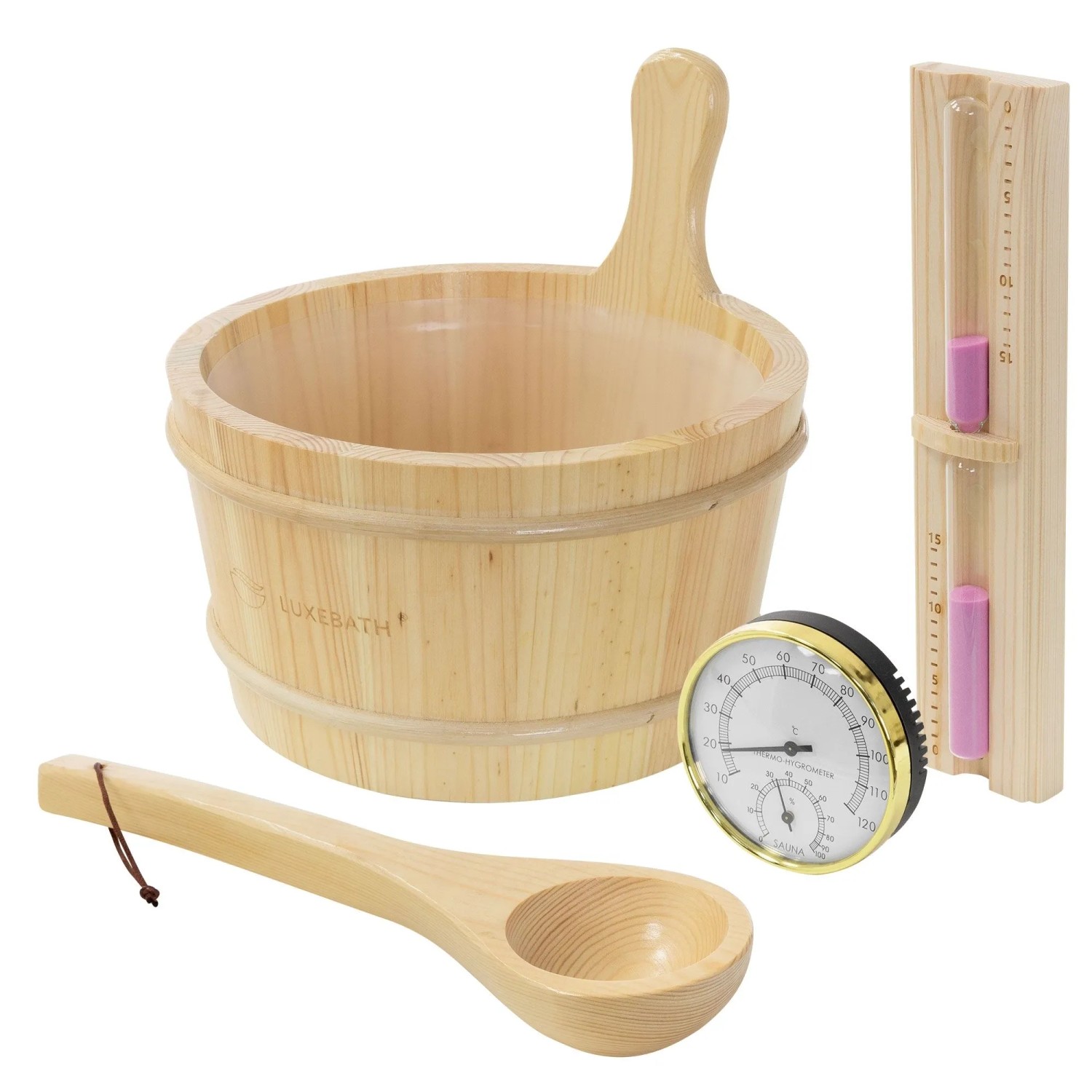 LuxeBath Saunazubehör aus Holz Eimer Kelle Thermo-Hygrometer Sanduhr