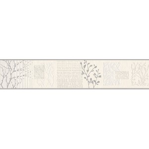 Selbstklebende Tapetenbordüre in Creme-Grau mit floralem Baum Muster für Küche und Bad.