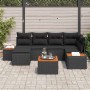 Schwarzes 7-teiliges vidaXL Garten-Sofa-Set aus Poly Rattan mit Kissen und Tisch.