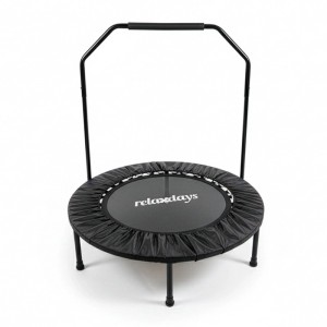 Schwarzes Relaxdays Minitrampolin mit U-förmiger Haltestange. Rundes Indoor-Fitness-Trampolin aus Stahl und Nylon.