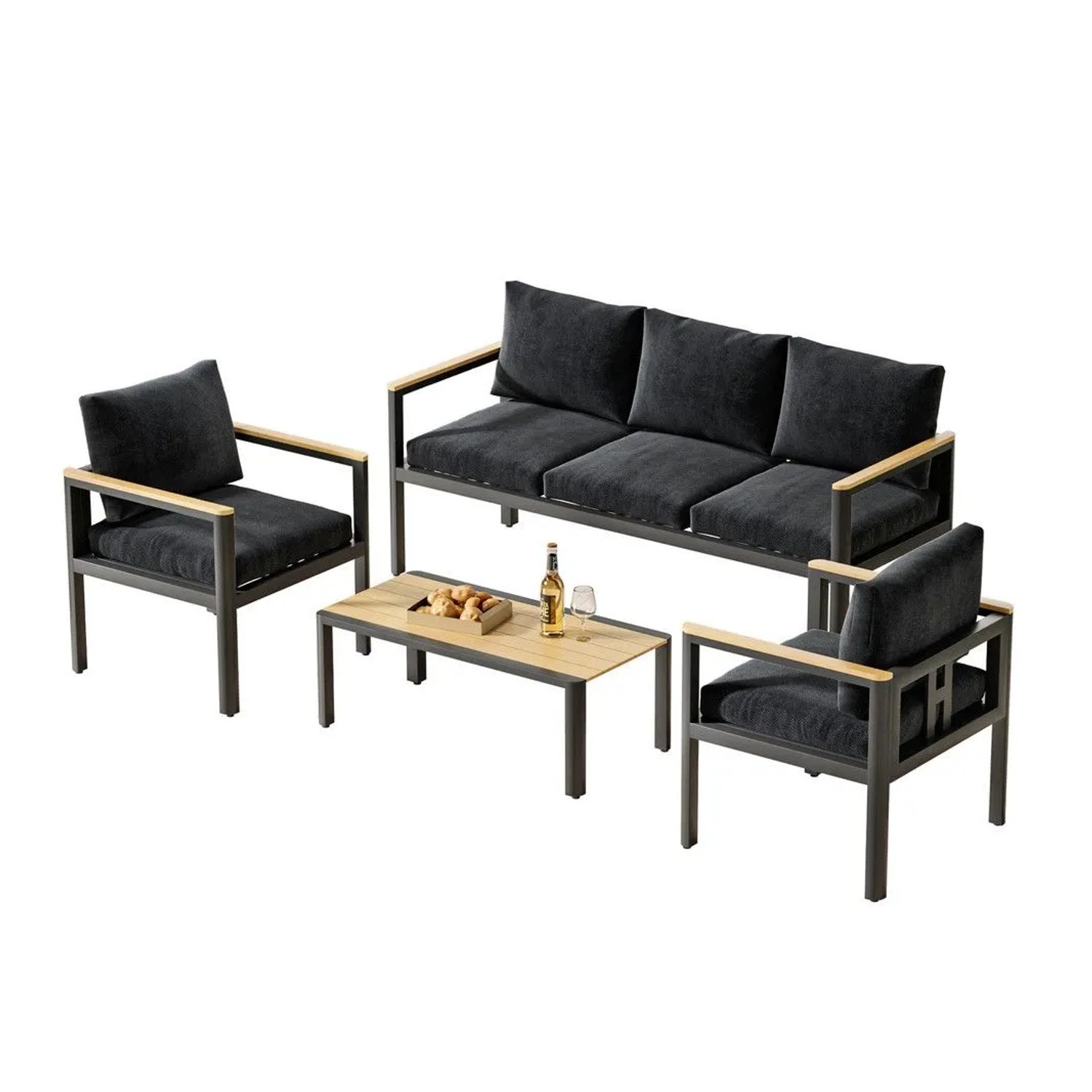 RICHLY Gartenmöbel Set Aluminium Loungeset Polywood Tischplatte für 5 Personen Schwarz