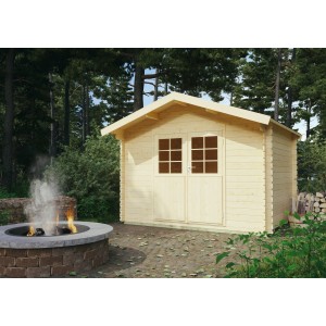 Kiehn-Holz Gartenhaus KH 28-010, naturbelassenes Holzhaus mit Doppeltür im Garten.