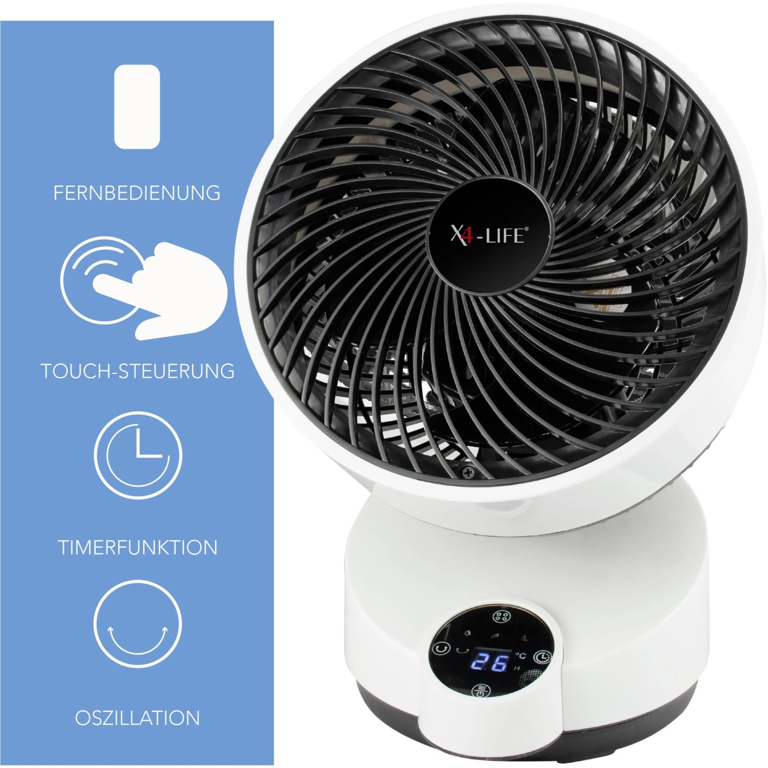 Weißer Vornado Tischventilator X4-Life Pinguin DX mit Touch-Steuerung und Fernbedienung.