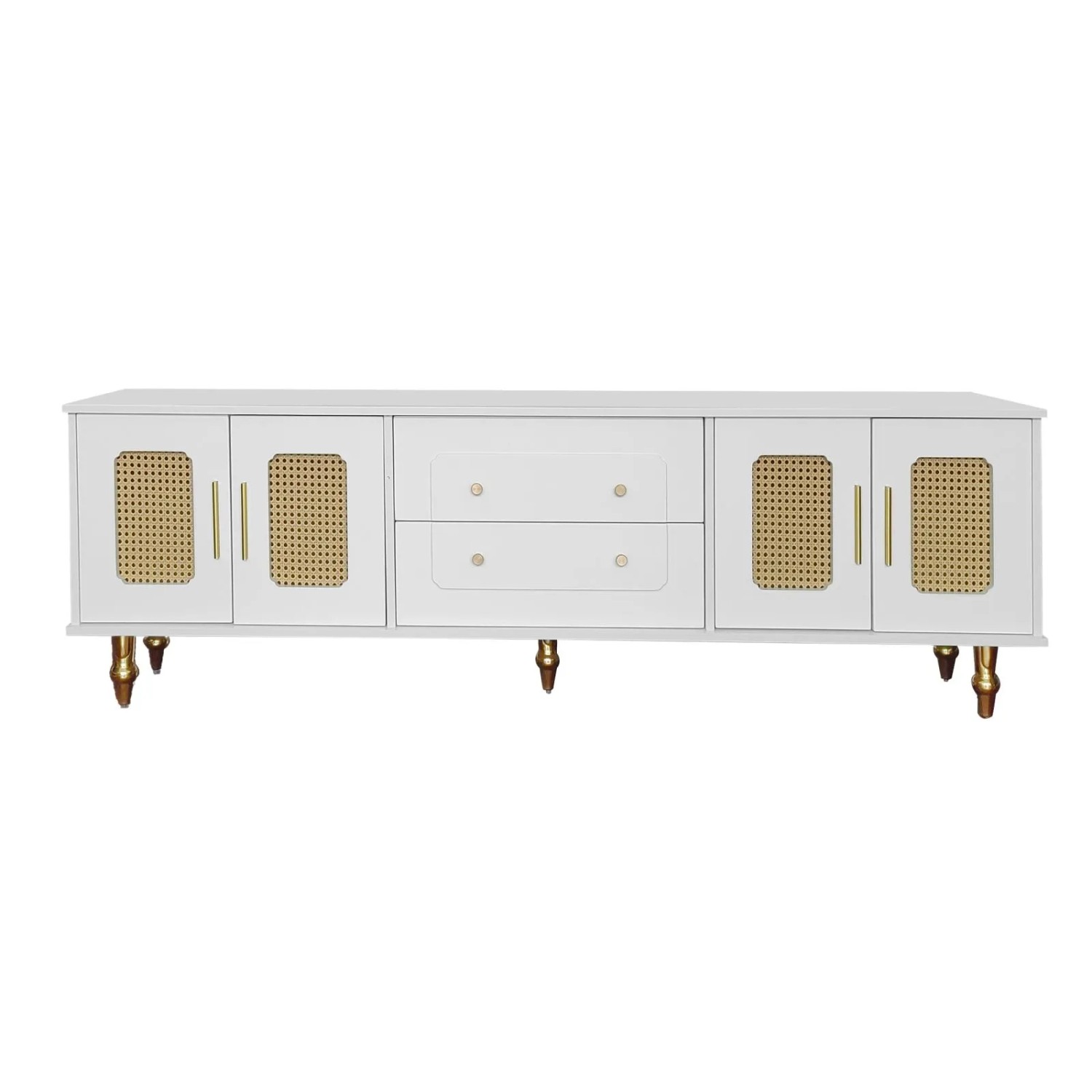 PXloue Lowboard TV-Schrank 175 cm  mit  Türen Goldgriffe Massivholz Beine Weiß