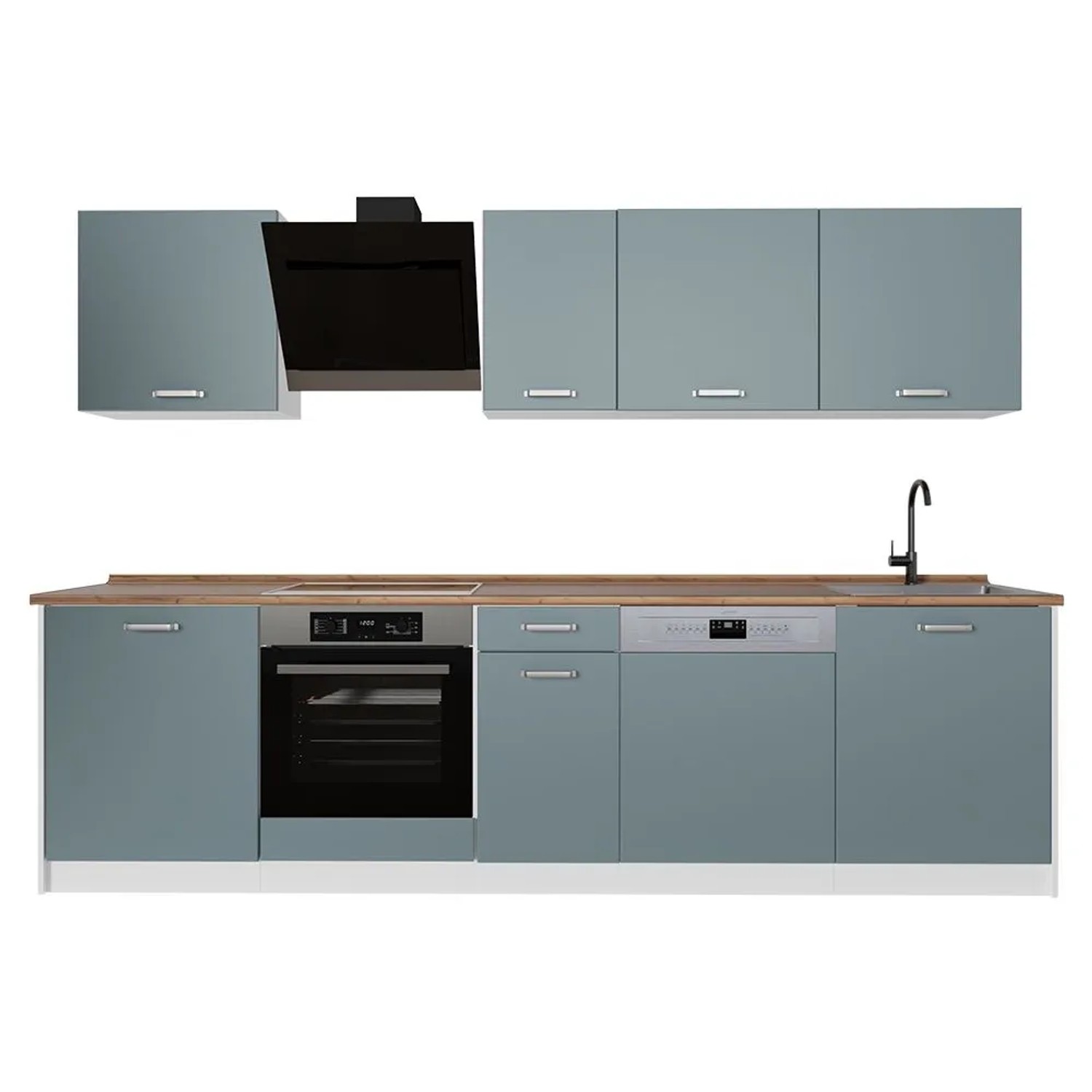 Vicco Küchenzeile R-Line Blau-Grau/Weiß 280 x 207 Arbeitsplatte Goldkraft Eiche Art Nr 67186