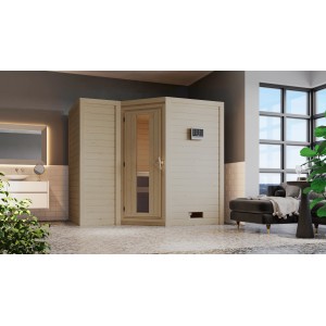 Karibu Sauna Steena 2 aus Fichte mit Ofen und integrierter Steuerung.