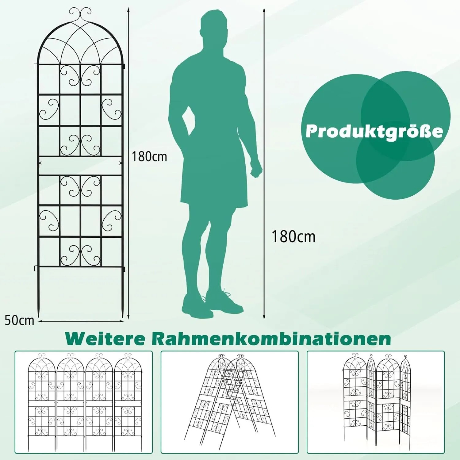 Costway Rankgitter 2er Set, Metall, schwarz, 180x50cm, mit Maßangaben und Anwendungsbeispielen.
