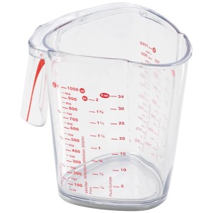 Leifheit Messbecher ComfortLine 1 l aus transparentem Kunststoff mit roten Messskalen.