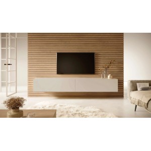 Modernes Selsey TV-Hängeboard Bisira 200 cm in Kaschmirgrau, schwebend unter TV an Holzlamellenwand im Wohnzimmer.