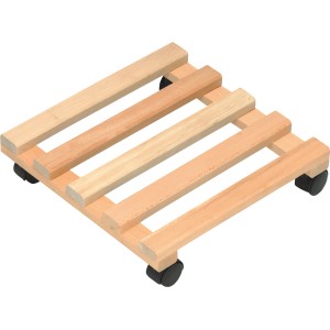 Eckiger Pflanzenroller aus Buche, 35x35 cm, mit schwarzen Rollen zum einfachen Verschieben von Pflanzen.