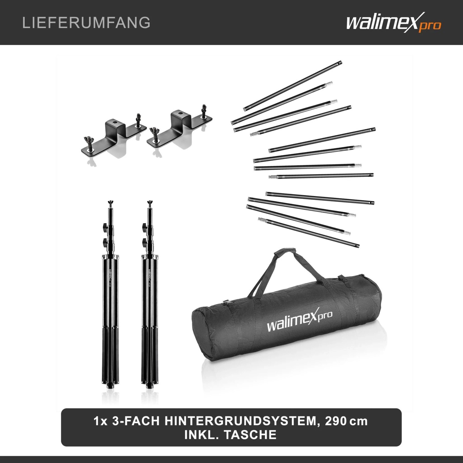 Walimex Pro 3-fach Hintergrundsystem mit Stativen, Stangen, Haltern und Tragetasche für Fotostudio, 290 cm.