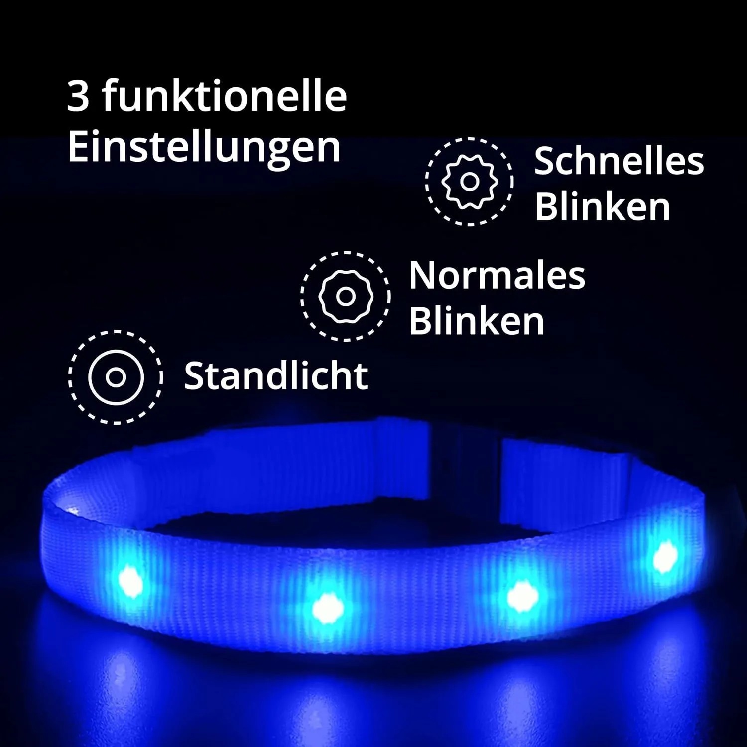 Blaues PETSATION Katzenhalsband mit leuchtenden LEDs und 3 einstellbaren Lichtmodi für erhöhte Sichtbarkeit bei Nacht.