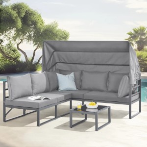 Hellgraues Svita Maui Gartenmöbel Lounge Set mit Dach, Outdoor Sofa und Tisch.