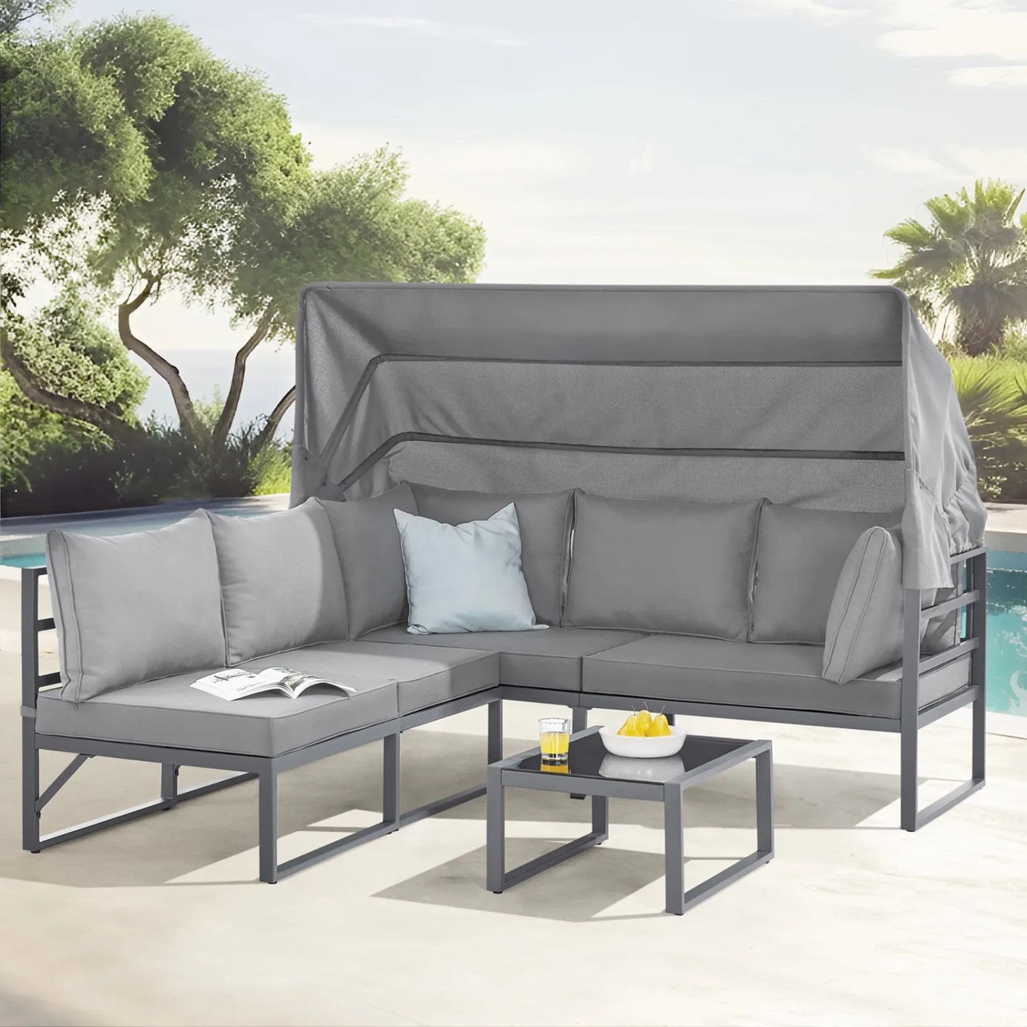 Hellgraues Svita Maui Gartenmöbel Lounge Set mit Dach, Outdoor Sofa und Tisch.