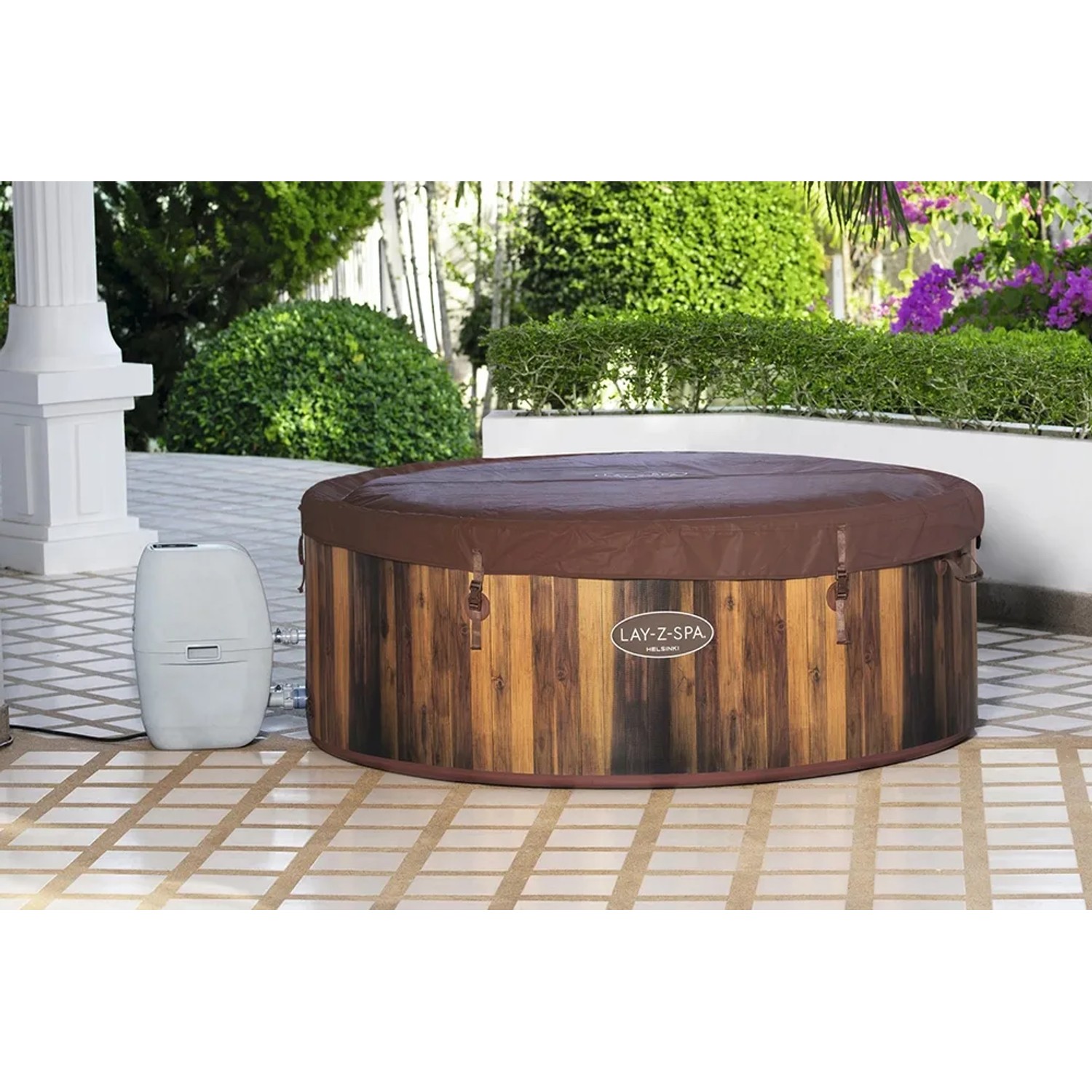 LAY-Z-SPA Helsinki AirJet Whirlpool, rund, 180x66 cm, mit Abdeckung und Pumpe in Holzoptik.